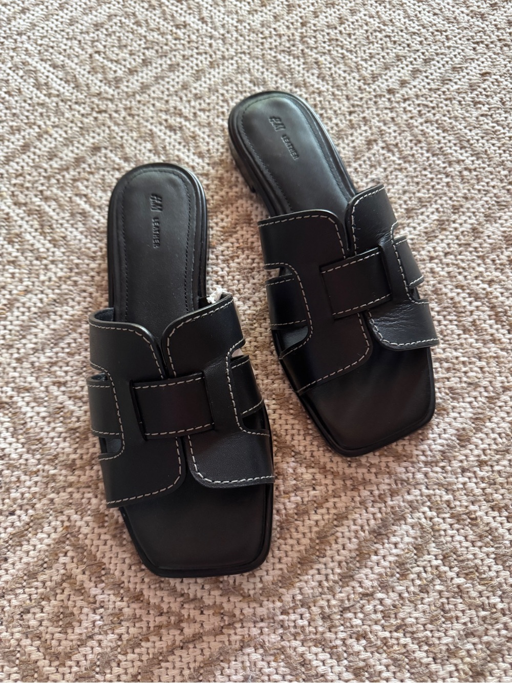 H&M Black Slide Mules Leather Sandals with White Stitching